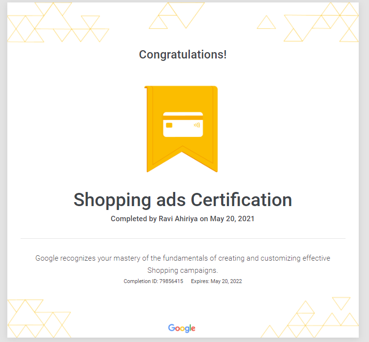 Google Shopping Ads Certificate - Ravi Ahiriya